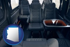 arizona map icon and black leather seats in a customized van