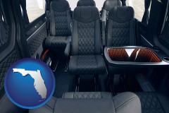 florida map icon and black leather seats in a customized van