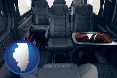illinois map icon and black leather seats in a customized van