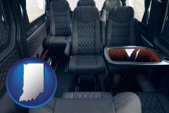 indiana map icon and black leather seats in a customized van