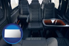 kansas map icon and black leather seats in a customized van