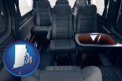 rhode-island map icon and black leather seats in a customized van