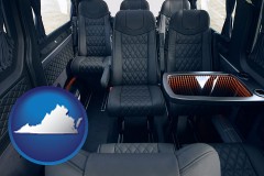 virginia map icon and black leather seats in a customized van