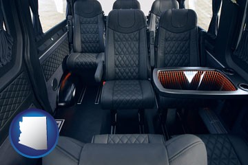black leather seats in a customized van - with Arizona icon