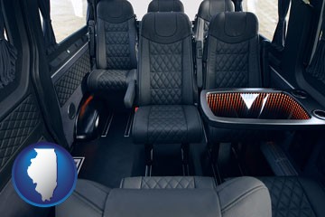 black leather seats in a customized van - with Illinois icon