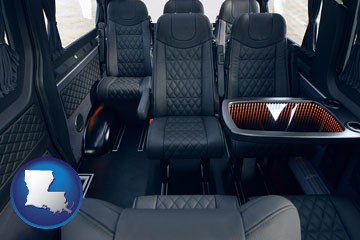 black leather seats in a customized van - with Louisiana icon