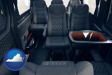 black leather seats in a customized van - with Virginia icon